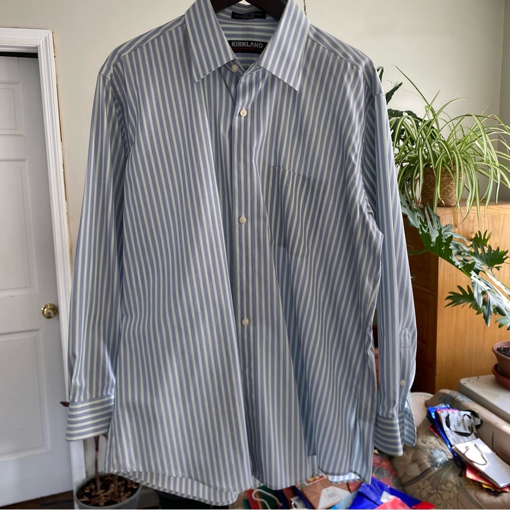 Kirkland Signature Men's White and Blue Striped Dress Shirt